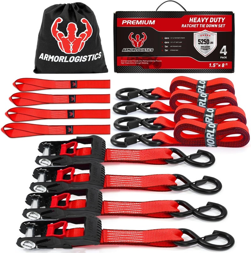 ARMORLOGISTICS Ratchet Straps Heavy Duty (4 Pack) - 5,250 Break Strength Motorcycle Strap Tie Downs with 15ft Soft Loops -1.5in x 8ft Ratchet Tie Down Straps for Motorcycles, Truck, Cargo -Safety S Hook, Storage Bag - Image 1